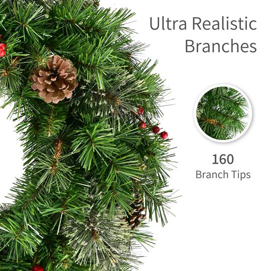 Puleo International 24" Pre-Lit Pine with Pinecones & Red Berries Artificial Wreath